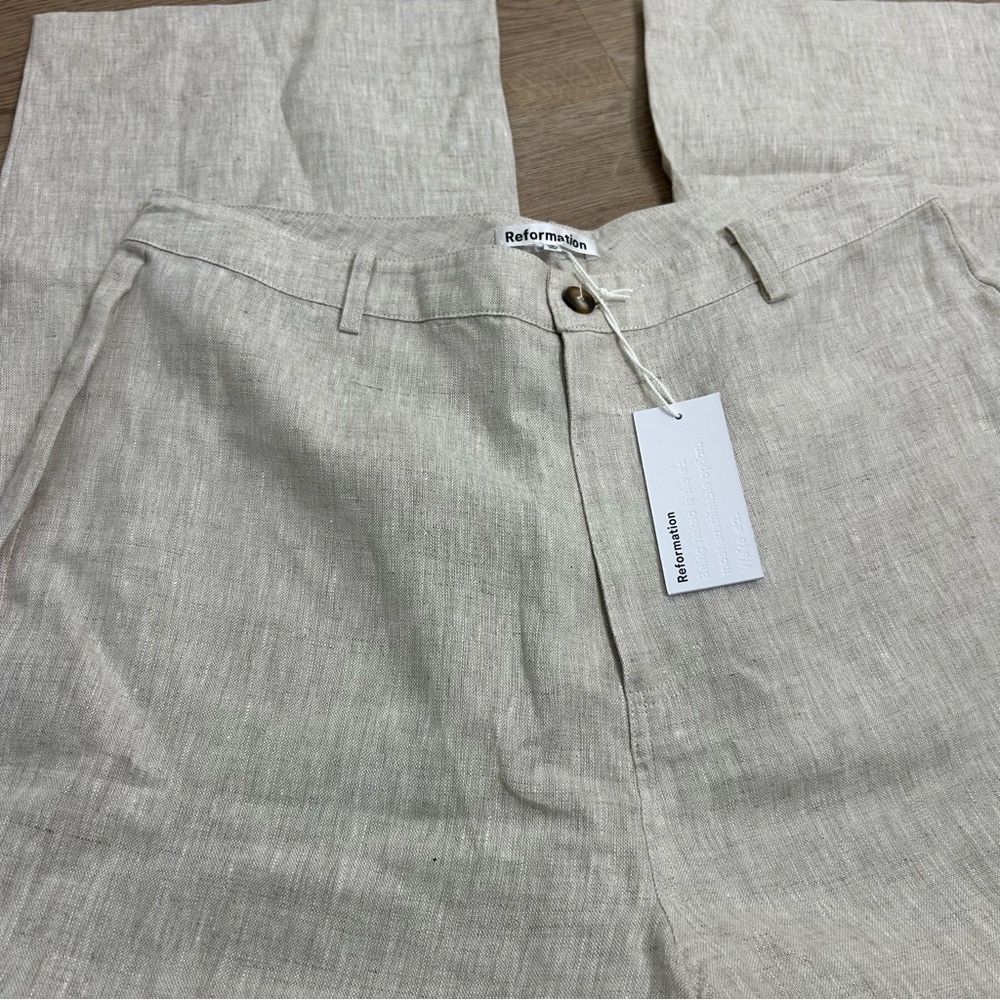 NWT NEW Reformation 100% Linen Freddie Straight Leg Trouser Pant in Oatmeal